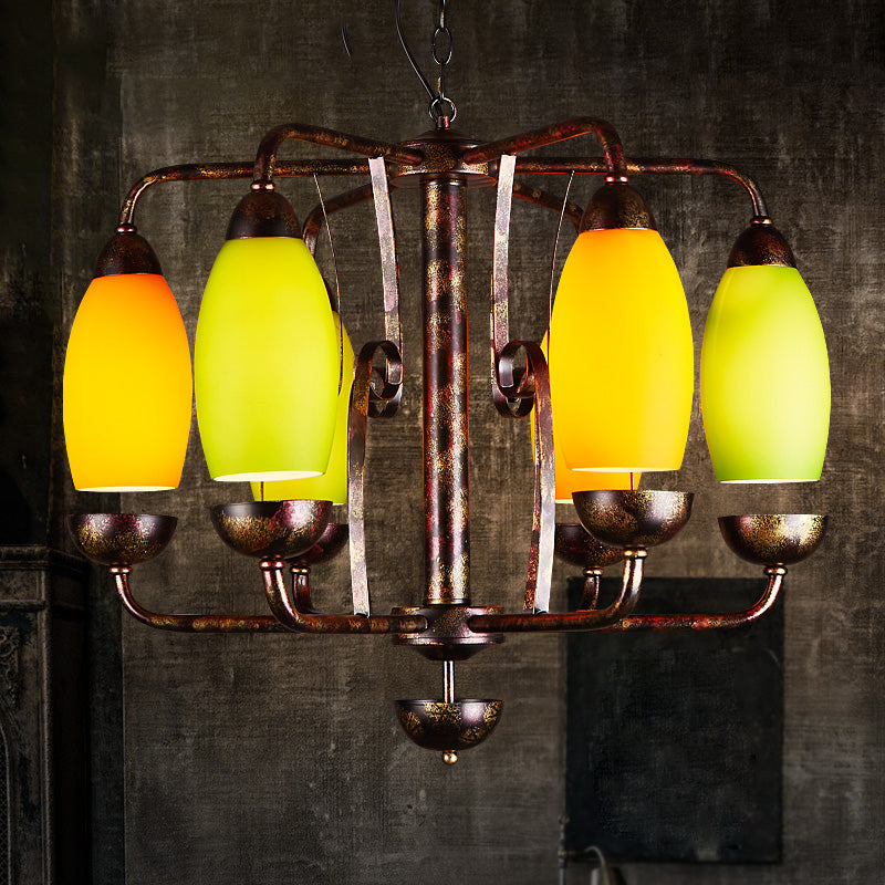 Rust 6 Lights Chandelier Lighting Rural Orange and Green Glass Curved Shade Pendant Lamp for Bar Rust Clearhalo 'Ceiling Lights' 'Chandeliers' 'Close To Ceiling Lights' 'Glass shade' 'Glass' Lighting' 342416