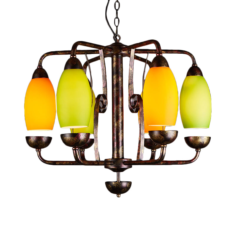 Rust 6 Lights Chandelier Lighting Rural Orange and Green Glass Curved Shade Pendant Lamp for Bar Clearhalo 'Ceiling Lights' 'Chandeliers' 'Close To Ceiling Lights' 'Glass shade' 'Glass' Lighting' 342419