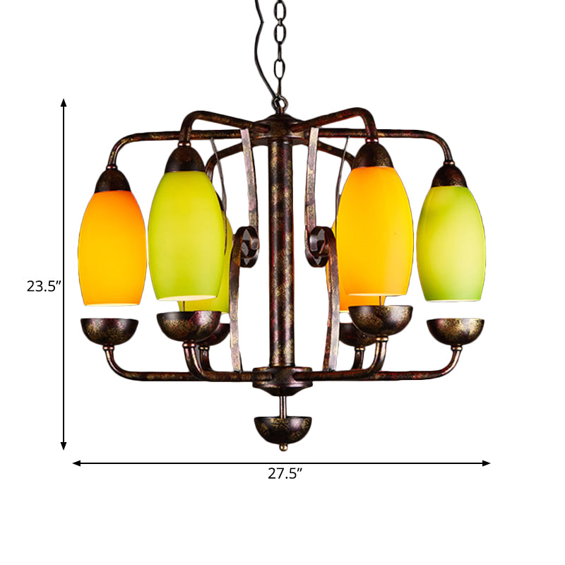 Rust 6 Lights Chandelier Lighting Rural Orange and Green Glass Curved Shade Pendant Lamp for Bar Clearhalo 'Ceiling Lights' 'Chandeliers' 'Close To Ceiling Lights' 'Glass shade' 'Glass' Lighting' 342420
