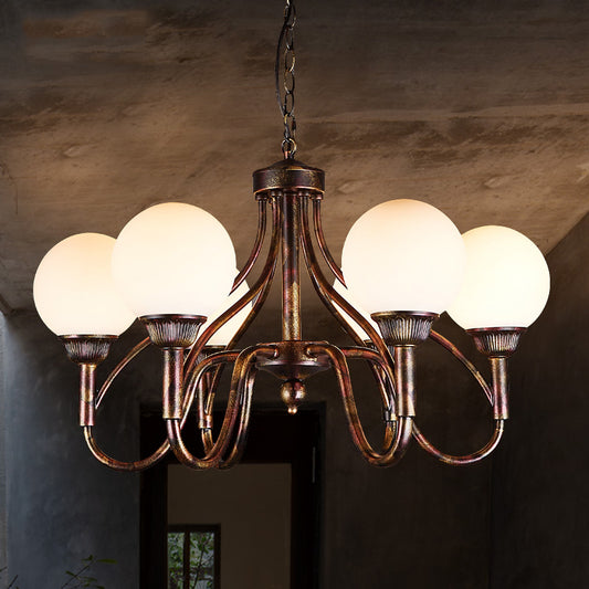 Opal Glass Sphere Chandelier Lamp Rural 6-Head Restaurant Pendant Ceiling Light in Rust Rust Clearhalo 'Ceiling Lights' 'Chandeliers' 'Close To Ceiling Lights' 'Glass shade' 'Glass' Lighting' 342421