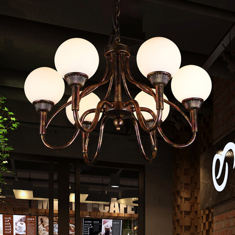 Opal Glass Sphere Chandelier Lamp Rural 6-Head Restaurant Pendant Ceiling Light in Rust Clearhalo 'Ceiling Lights' 'Chandeliers' 'Close To Ceiling Lights' 'Glass shade' 'Glass' Lighting' 342422