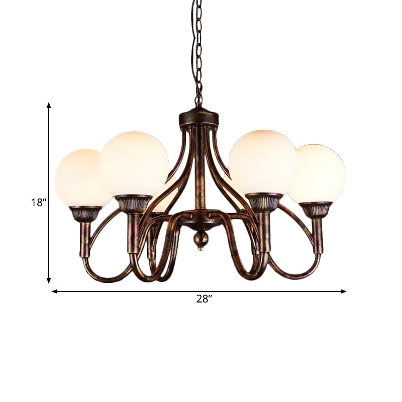 Opal Glass Sphere Chandelier Lamp Rural 6-Head Restaurant Pendant Ceiling Light in Rust Clearhalo 'Ceiling Lights' 'Chandeliers' 'Close To Ceiling Lights' 'Glass shade' 'Glass' Lighting' 342425