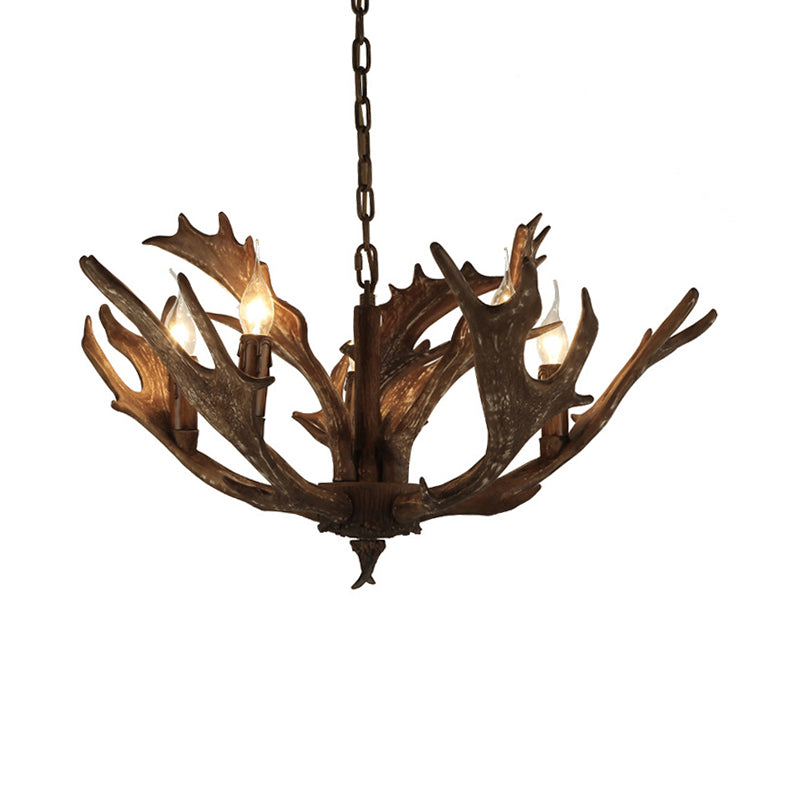 Coffee/Ivory 5 Lights Chandelier Lighting Rustic Resin Candelabra Pendant Lamp with Deer Antler Coffee Clearhalo 'Ceiling Lights' 'Chandeliers' Lighting' options 342446_adcfc2c9-497e-46ce-a7fa-e35c7266ea75