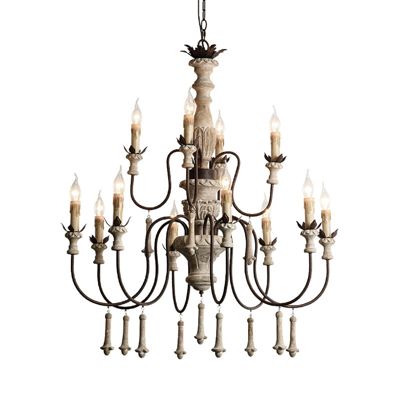 12 Heads Wood Chandelier Rural Brown 2-Tier Living Room Pendant Light with Curved Metal Arm Clearhalo 'Ceiling Lights' 'Chandeliers' Lighting' options 342514
