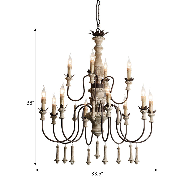 12 Heads Wood Chandelier Rural Brown 2-Tier Living Room Pendant Light with Curved Metal Arm Clearhalo 'Ceiling Lights' 'Chandeliers' Lighting' options 342515