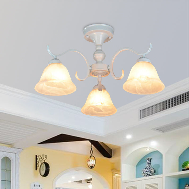 Bell Frosted Glass Semi Flush Traditional 3/5/6 Lights Bedroom Ceiling Light Fixture in White 3 White Clearhalo 'Ceiling Lights' 'Close To Ceiling Lights' 'Close to ceiling' 'Glass shade' 'Glass' 'Semi-flushmount' Lighting' 342548