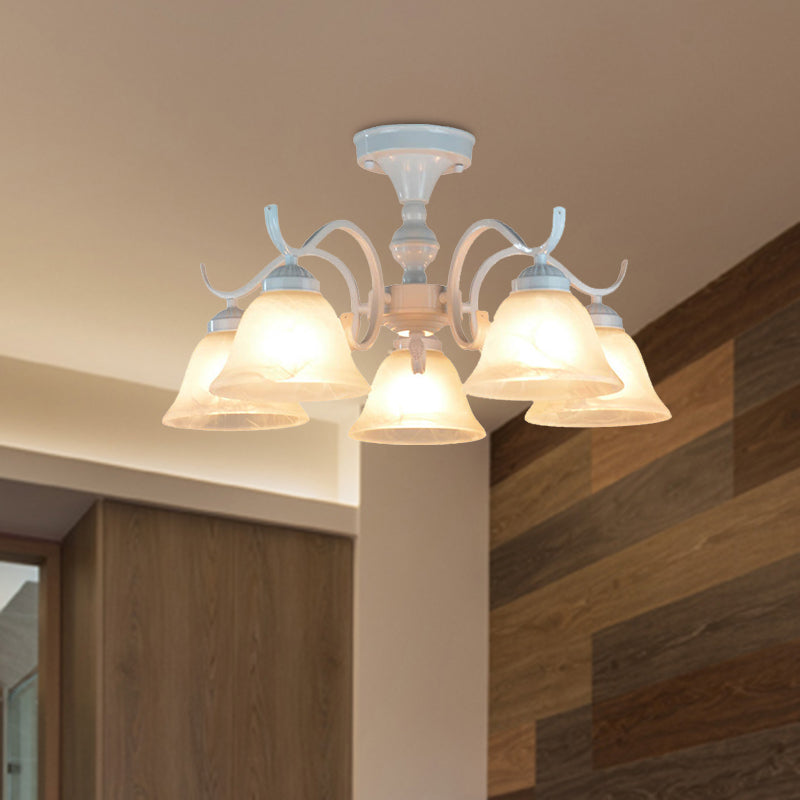 Bell Frosted Glass Semi Flush Traditional 3/5/6 Lights Bedroom Ceiling Light Fixture in White 5 White Clearhalo 'Ceiling Lights' 'Close To Ceiling Lights' 'Close to ceiling' 'Glass shade' 'Glass' 'Semi-flushmount' Lighting' 342553