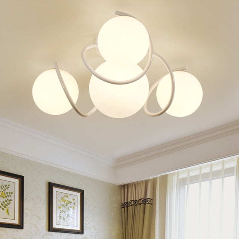 4/7 Lights Opal Glass Semi Flush Light Traditional Black/White Orb Living Room Ceiling Lighting, 22"/34" Wide White 22" Clearhalo 'Ceiling Lights' 'Close To Ceiling Lights' 'Close to ceiling' 'Flush mount' Lighting' 342603