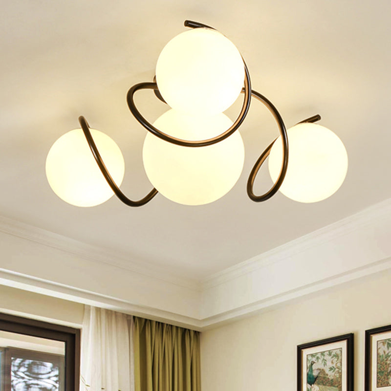 4/7 Lights Opal Glass Semi Flush Light Traditional Black/White Orb Living Room Ceiling Lighting, 22"/34" Wide Black 22" Clearhalo 'Ceiling Lights' 'Close To Ceiling Lights' 'Close to ceiling' 'Flush mount' Lighting' 342608