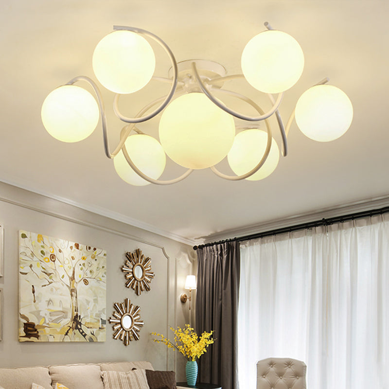 4/7 Lights Opal Glass Semi Flush Light Traditional Black/White Orb Living Room Ceiling Lighting, 22"/34" Wide White 34" Clearhalo 'Ceiling Lights' 'Close To Ceiling Lights' 'Close to ceiling' 'Flush mount' Lighting' 342610