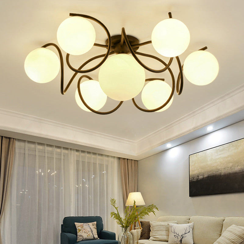 4/7 Lights Opal Glass Semi Flush Light Traditional Black/White Orb Living Room Ceiling Lighting, 22"/34" Wide Black 34" Clearhalo 'Ceiling Lights' 'Close To Ceiling Lights' 'Close to ceiling' 'Flush mount' Lighting' 342613