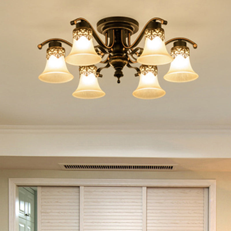 Black Bell Semi Flush Mount Classic Frosted Glass 3/6/8 Lights Living Room Ceiling Light Fixture Clearhalo 'Ceiling Lights' 'Close To Ceiling Lights' 'Close to ceiling' 'Glass shade' 'Glass' 'Pendant Lights' 'Semi-flushmount' Lighting' 342668