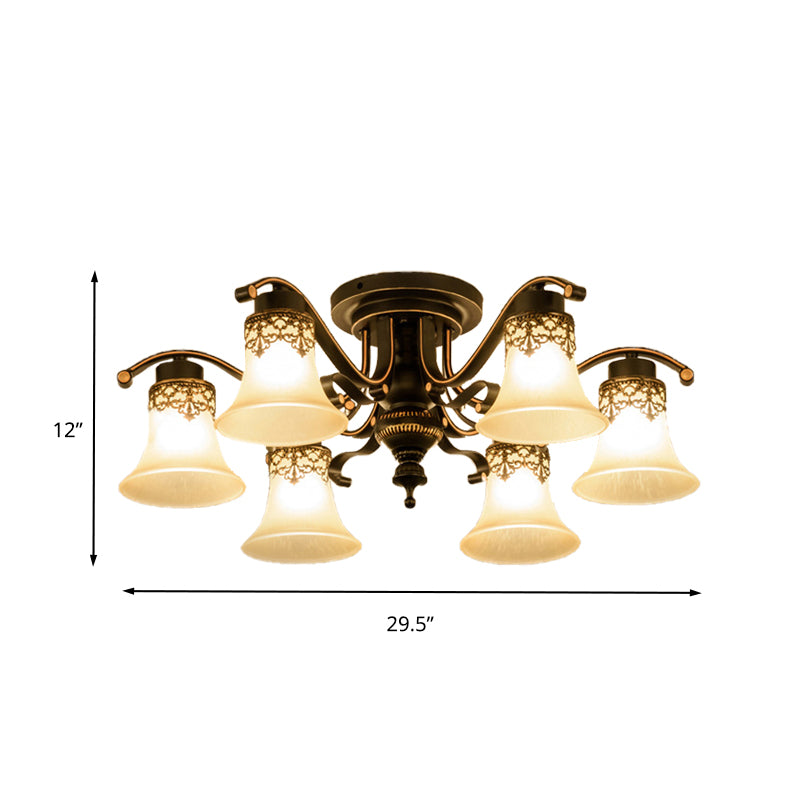 Black Bell Semi Flush Mount Classic Frosted Glass 3/6/8 Lights Living Room Ceiling Light Fixture Clearhalo 'Ceiling Lights' 'Close To Ceiling Lights' 'Close to ceiling' 'Glass shade' 'Glass' 'Pendant Lights' 'Semi-flushmount' Lighting' 342670