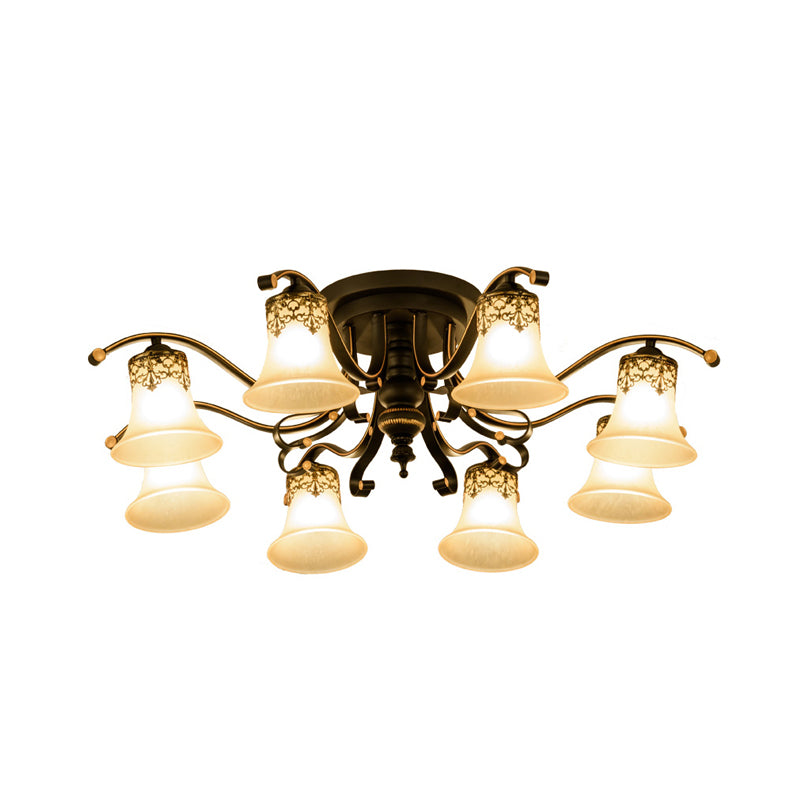 Black Bell Semi Flush Mount Classic Frosted Glass 3/6/8 Lights Living Room Ceiling Light Fixture Clearhalo 'Ceiling Lights' 'Close To Ceiling Lights' 'Close to ceiling' 'Glass shade' 'Glass' 'Pendant Lights' 'Semi-flushmount' Lighting' 342673