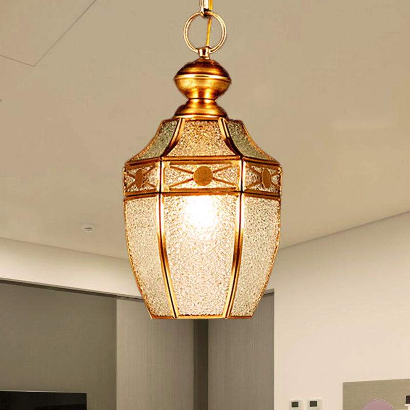 1 Bulb Lantern Ceiling Lamp Traditional Frosted Glass Hanging Lamp Kit in Brass for Hallway Brass Clearhalo 'Ceiling Lights' 'Glass shade' 'Glass' 'Pendant Lights' 'Pendants' Lighting' 342704