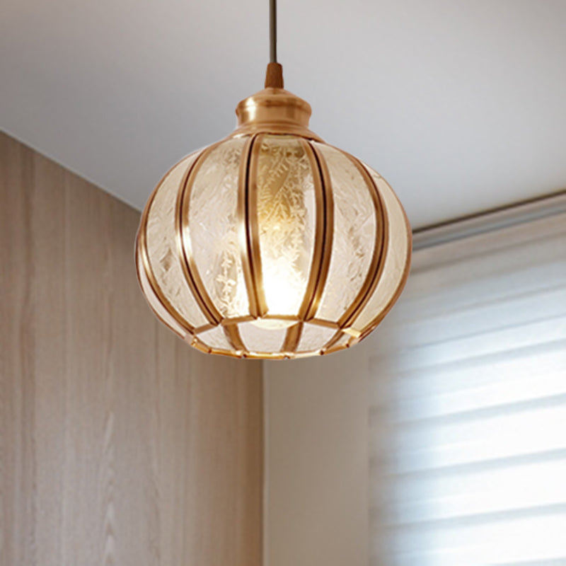 Textured Glass Sphere Cluster Pendant Light Retro 1/3 Bulbs Brass Hanging Lamp with Round/Linear Canopy 1 Brass Round Clearhalo 'Ceiling Lights' 'Glass shade' 'Glass' 'Pendant Lights' 'Pendants' Lighting' 342709