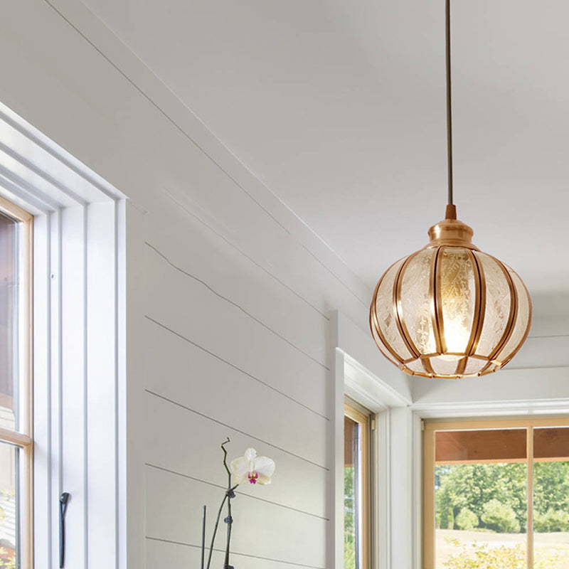 Textured Glass Sphere Cluster Pendant Light Retro 1/3 Bulbs Brass Hanging Lamp with Round/Linear Canopy Clearhalo 'Ceiling Lights' 'Glass shade' 'Glass' 'Pendant Lights' 'Pendants' Lighting' 342711