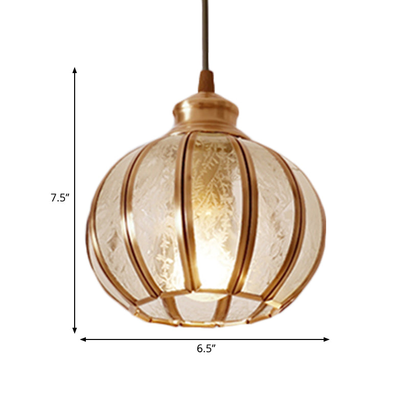Textured Glass Sphere Cluster Pendant Light Retro 1/3 Bulbs Brass Hanging Lamp with Round/Linear Canopy Clearhalo 'Ceiling Lights' 'Glass shade' 'Glass' 'Pendant Lights' 'Pendants' Lighting' 342713