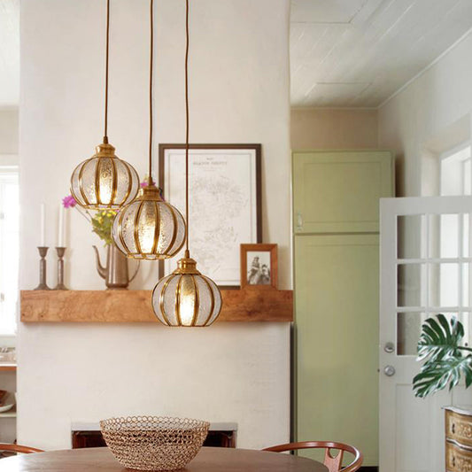 Textured Glass Sphere Cluster Pendant Light Retro 1/3 Bulbs Brass Hanging Lamp with Round/Linear Canopy 3 Brass Round Clearhalo 'Ceiling Lights' 'Glass shade' 'Glass' 'Pendant Lights' 'Pendants' Lighting' 342714