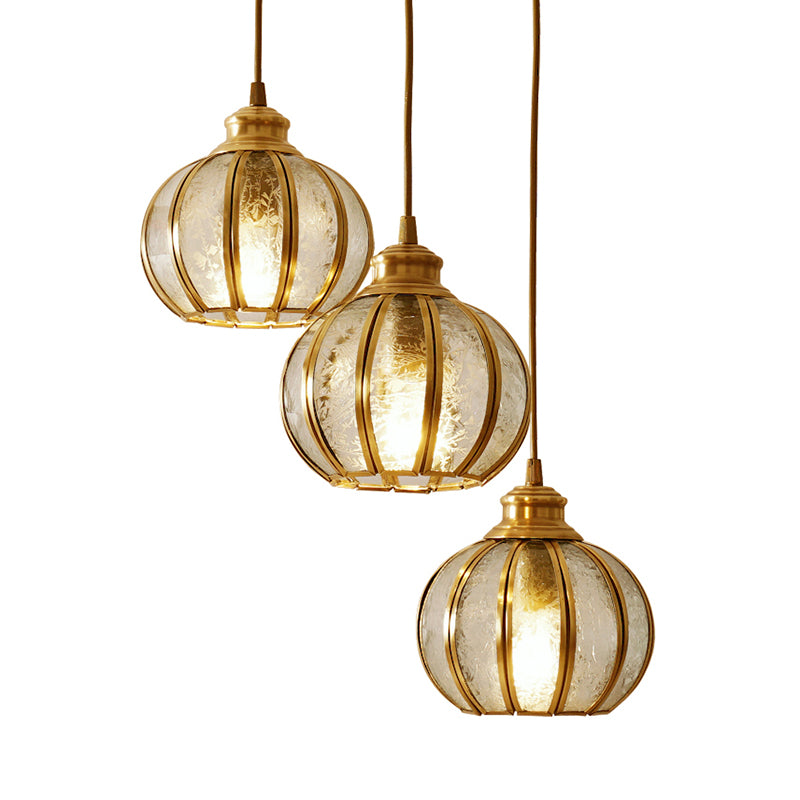 Textured Glass Sphere Cluster Pendant Light Retro 1/3 Bulbs Brass Hanging Lamp with Round/Linear Canopy Clearhalo 'Ceiling Lights' 'Glass shade' 'Glass' 'Pendant Lights' 'Pendants' Lighting' 342715