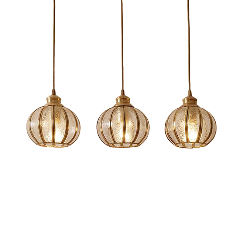 Textured Glass Sphere Cluster Pendant Light Retro 1/3 Bulbs Brass Hanging Lamp with Round/Linear Canopy Clearhalo 'Ceiling Lights' 'Glass shade' 'Glass' 'Pendant Lights' 'Pendants' Lighting' 342718