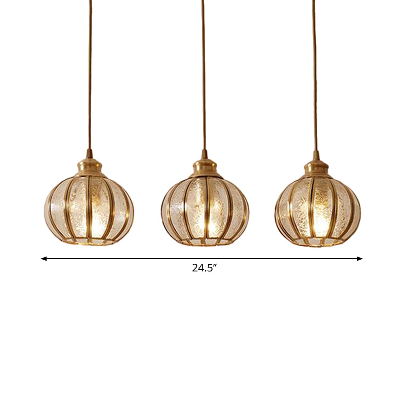 Textured Glass Sphere Cluster Pendant Light Retro 1/3 Bulbs Brass Hanging Lamp with Round/Linear Canopy Clearhalo 'Ceiling Lights' 'Glass shade' 'Glass' 'Pendant Lights' 'Pendants' Lighting' 342719