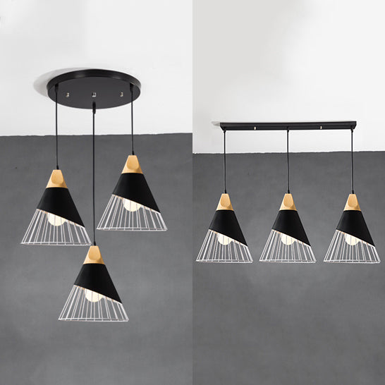 Black Finish Tapered Cage Ceiling Pendant Modernism Metal 3 Lights Indoor Hanging Light Fixture, Linear/Round Canopy Clearhalo 'Ceiling Lights' 'Modern Pendants' 'Modern' 'Pendant Lights' 'Pendants' Lighting' 34507