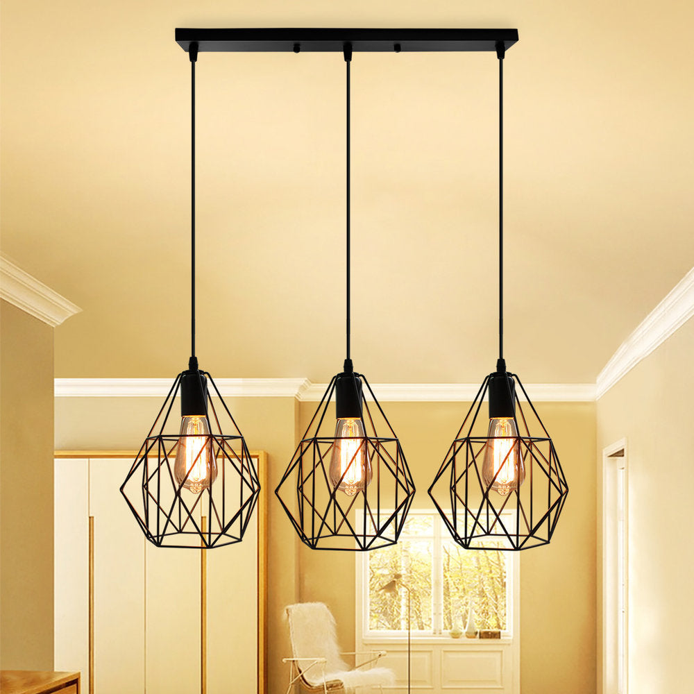 Vintage Style Faceted Cage Ceiling Fixture 3 Bulbs Metal Pendant Lighting with Linear/Round Canopy in Black for Dining Table Clearhalo 'Ceiling Lights' 'Pendant Lights' 'Pendants' Lighting' 34655