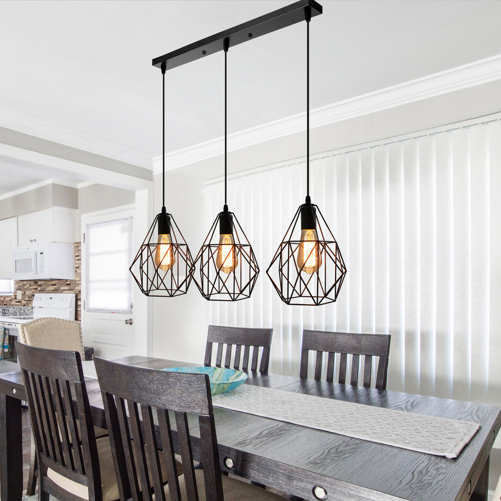 Vintage Style Faceted Cage Ceiling Fixture 3 Bulbs Metal Pendant Lighting with Linear/Round Canopy in Black for Dining Table Clearhalo 'Ceiling Lights' 'Pendant Lights' 'Pendants' Lighting' 34656