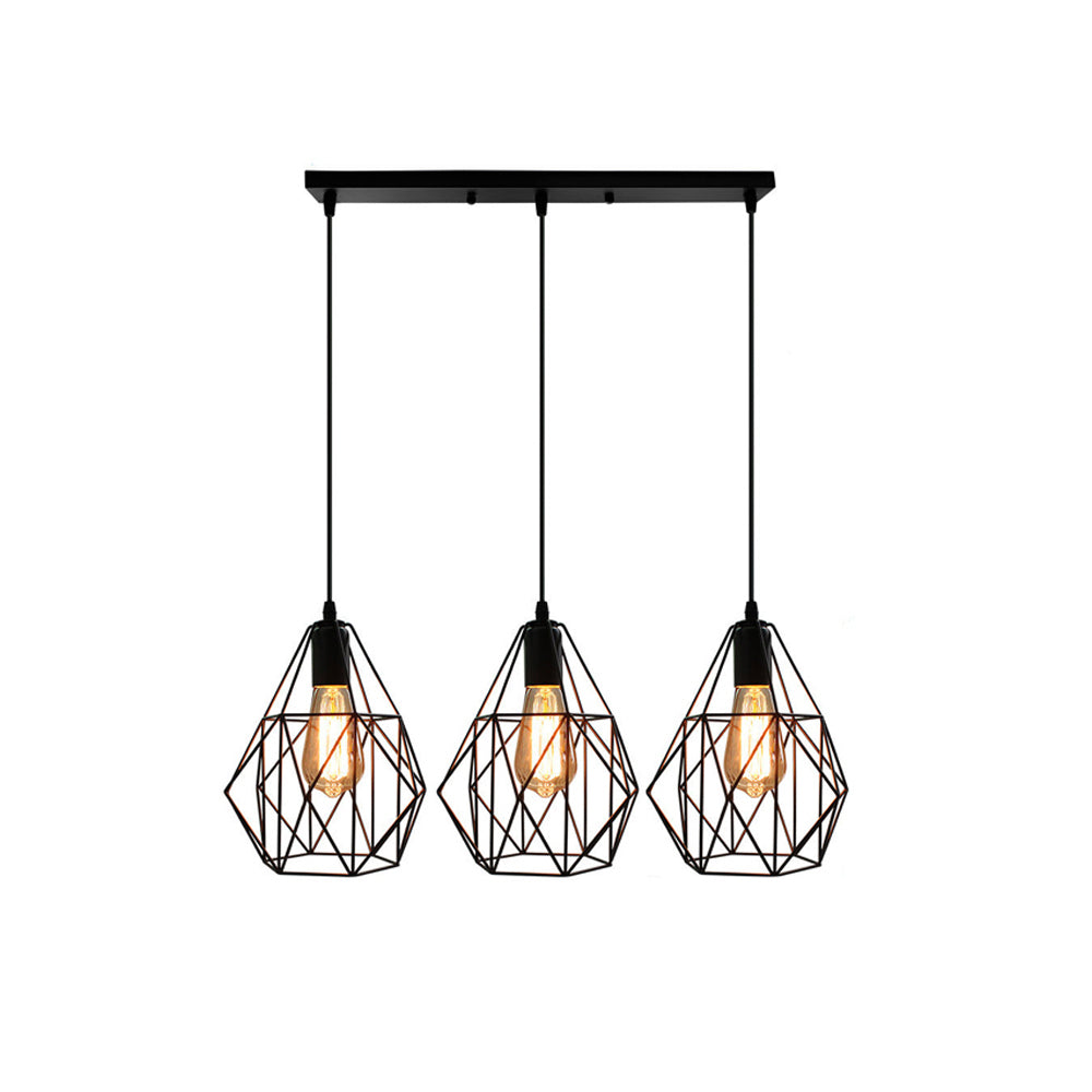 Vintage Style Faceted Cage Ceiling Fixture 3 Bulbs Metal Pendant Lighting with Linear/Round Canopy in Black for Dining Table Clearhalo 'Ceiling Lights' 'Pendant Lights' 'Pendants' Lighting' 34657