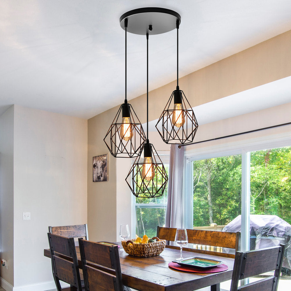 Vintage Style Faceted Cage Ceiling Fixture 3 Bulbs Metal Pendant Lighting with Linear/Round Canopy in Black for Dining Table Clearhalo 'Ceiling Lights' 'Pendant Lights' 'Pendants' Lighting' 34659