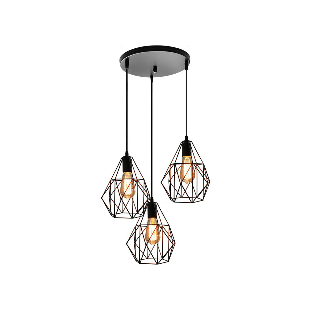 Vintage Style Faceted Cage Ceiling Fixture 3 Bulbs Metal Pendant Lighting with Linear/Round Canopy in Black for Dining Table Clearhalo 'Ceiling Lights' 'Pendant Lights' 'Pendants' Lighting' 34660