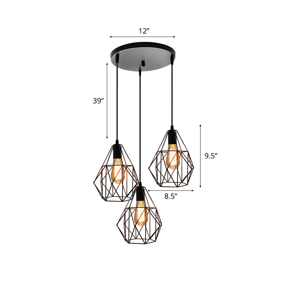 Vintage Style Faceted Cage Ceiling Fixture 3 Bulbs Metal Pendant Lighting with Linear/Round Canopy in Black for Dining Table Clearhalo 'Ceiling Lights' 'Pendant Lights' 'Pendants' Lighting' 34661