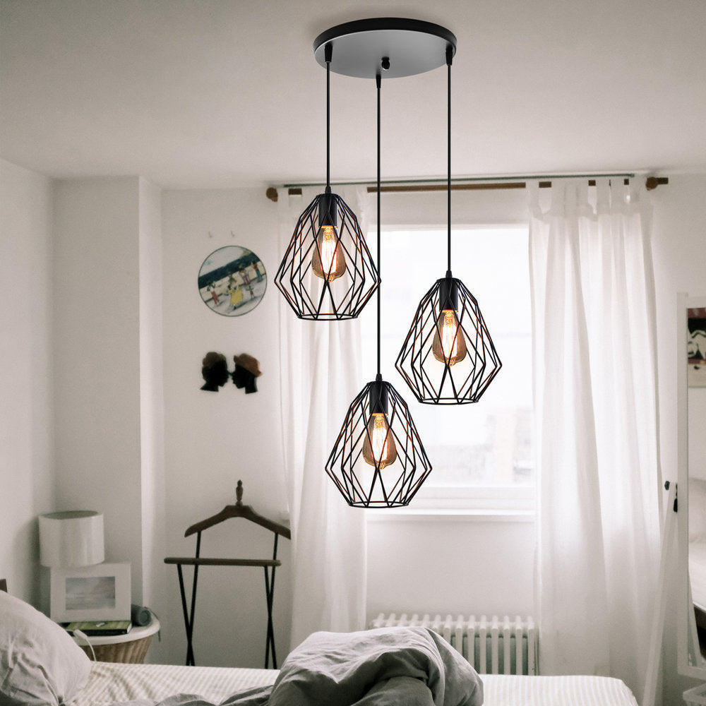 Vintage Style Faceted Cage Ceiling Fixture 3 Bulbs Metal Pendant Lighting with Linear/Round Canopy in Black for Dining Table Clearhalo 'Ceiling Lights' 'Pendant Lights' 'Pendants' Lighting' 34662