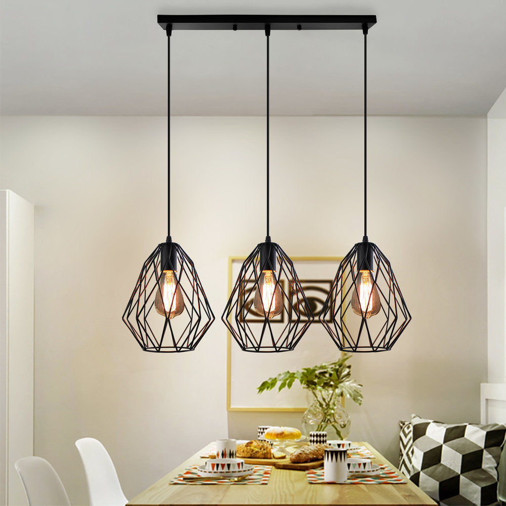 Vintage Style Faceted Cage Ceiling Fixture 3 Bulbs Metal Pendant Lighting with Linear/Round Canopy in Black for Dining Table Black B Linear Clearhalo 'Ceiling Lights' 'Pendant Lights' 'Pendants' Lighting' 34665_eda2af97-5b5d-4e59-b443-13b5160342fd