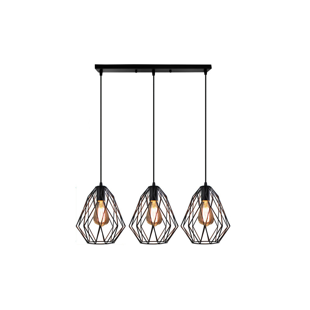 Vintage Style Faceted Cage Ceiling Fixture 3 Bulbs Metal Pendant Lighting with Linear/Round Canopy in Black for Dining Table Clearhalo 'Ceiling Lights' 'Pendant Lights' 'Pendants' Lighting' 34666