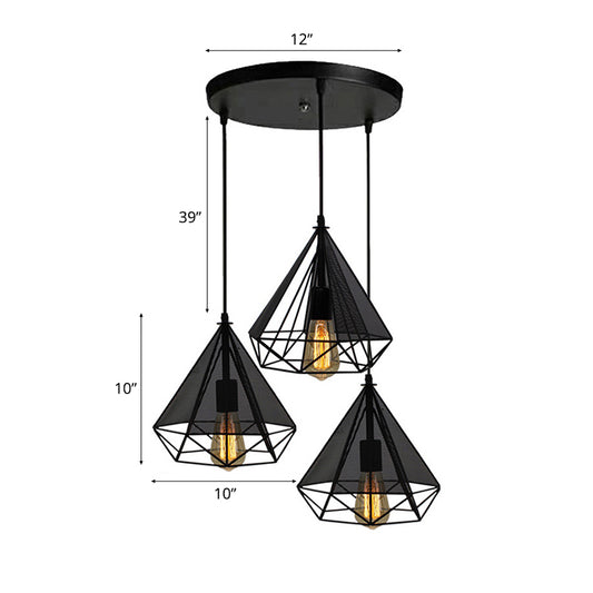 Black Diamond Cage Hanging Light Retro Style Metallic 3 Heads Dining Room Pendant Lighting with Round/Linear Canopy Clearhalo 'Art Deco Pendants' 'Black' 'Cast Iron' 'Ceiling Lights' 'Ceramic' 'Crystal' 'Industrial Pendants' 'Industrial' 'Metal' 'Middle Century Pendants' 'Pendant Lights' 'Pendants' 'Rustic Pendants' 'Tiffany' Lighting' 34681