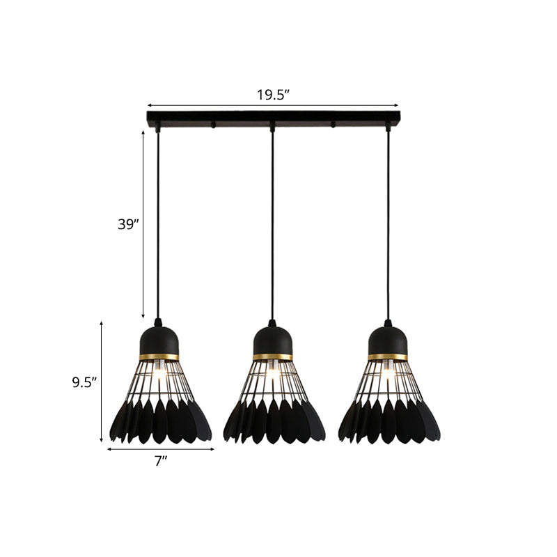 3 Lights Badminton Pendant Lighting Retro Stylish Black Finish Metal Hanging Light Fixture with Round/Linear Canopy Clearhalo 'Ceiling Lights' 'Pendant Lights' 'Pendants' Lighting' 34689