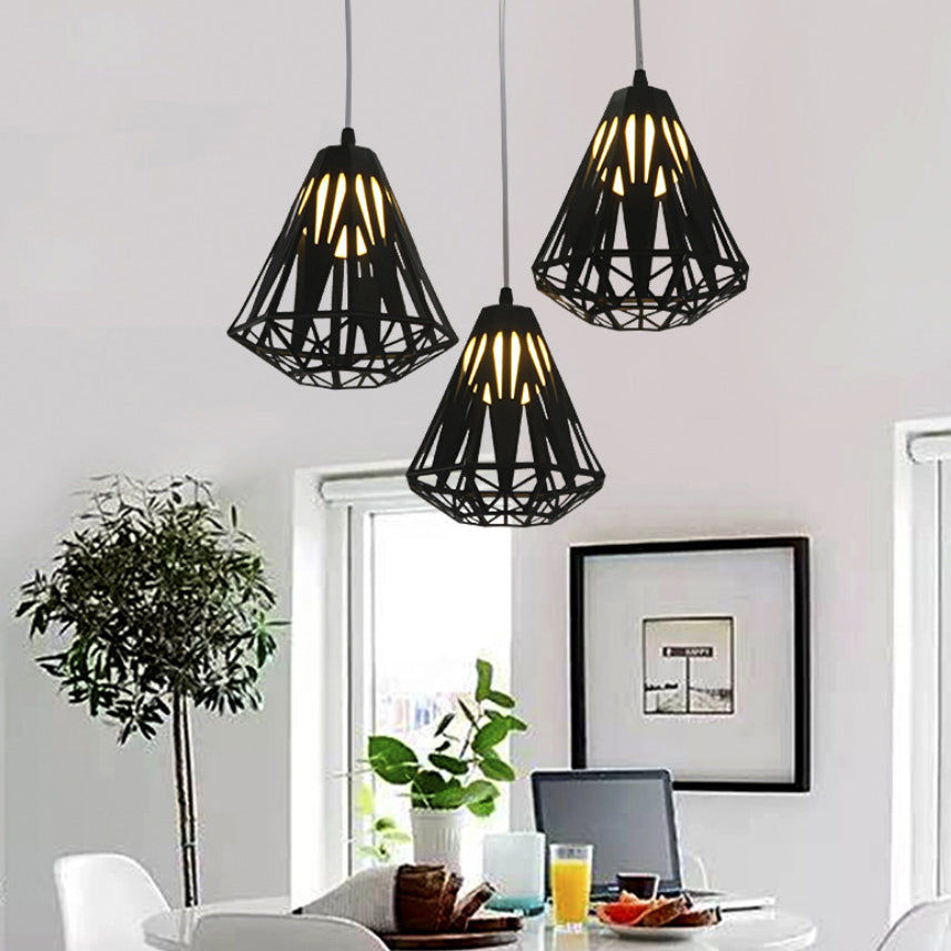 Loft Stylish Wire Cage Suspension Light 3 Heads Metal Ceiling Fixture with Diamond Shade in Black/White Black Round Clearhalo 'Ceiling Lights' 'Modern Pendants' 'Modern' 'Pendant Lights' 'Pendants' Lighting' 34717