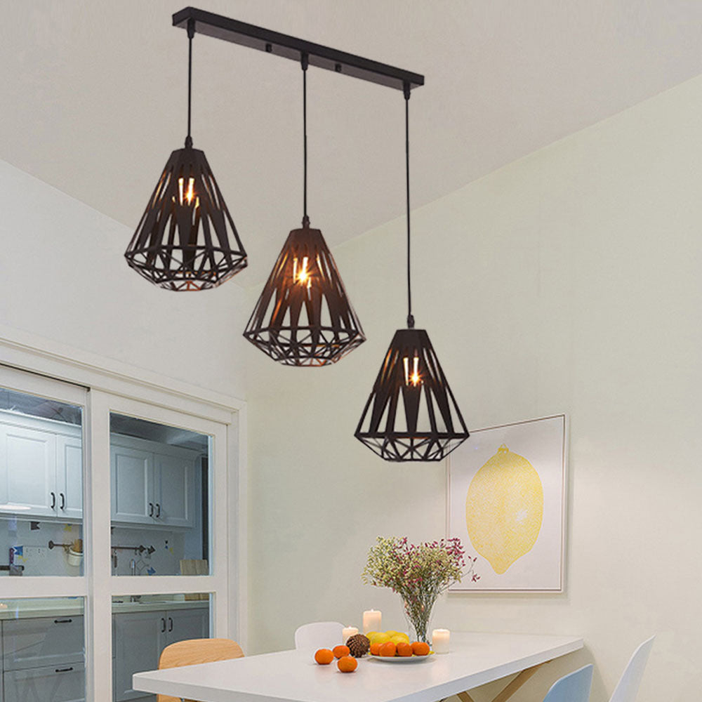 Loft Stylish Wire Cage Suspension Light 3 Heads Metal Ceiling Fixture with Diamond Shade in Black/White Black Linear Clearhalo 'Ceiling Lights' 'Modern Pendants' 'Modern' 'Pendant Lights' 'Pendants' Lighting' 34723