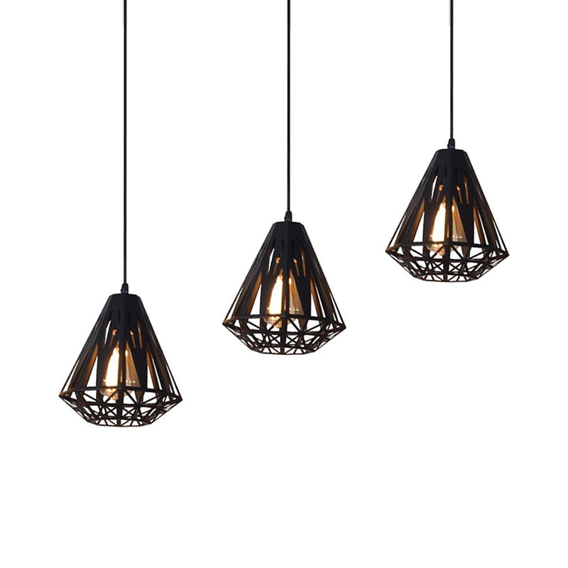 Loft Stylish Wire Cage Suspension Light 3 Heads Metal Ceiling Fixture with Diamond Shade in Black/White Clearhalo 'Ceiling Lights' 'Modern Pendants' 'Modern' 'Pendant Lights' 'Pendants' Lighting' 34724