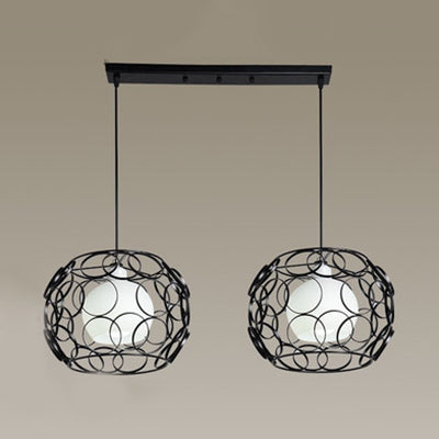 Metal Circles Design Hanging Lamp Industrial 2 Bulbs Indoor Pendant Lighting with Inner Glass Shade and Wire Frame in Black/White Black Clearhalo 'Ceiling Lights' 'Modern Pendants' 'Modern' 'Pendant Lights' 'Pendants' Lighting' 34760