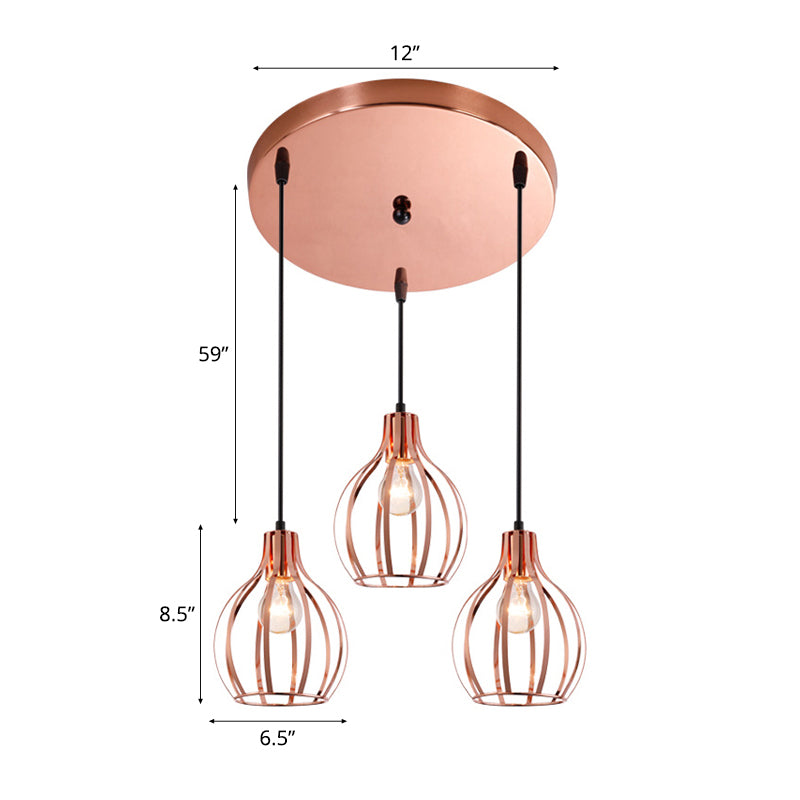 Metallic Rose Gold Pendant Lighting Global Cage Shade 3 Lights Industrial Style Ceiling Light Fixture with Round/Linear Canopy Clearhalo 'Ceiling Lights' 'Modern Pendants' 'Modern' 'Pendant Lights' 'Pendants' Lighting' 34794