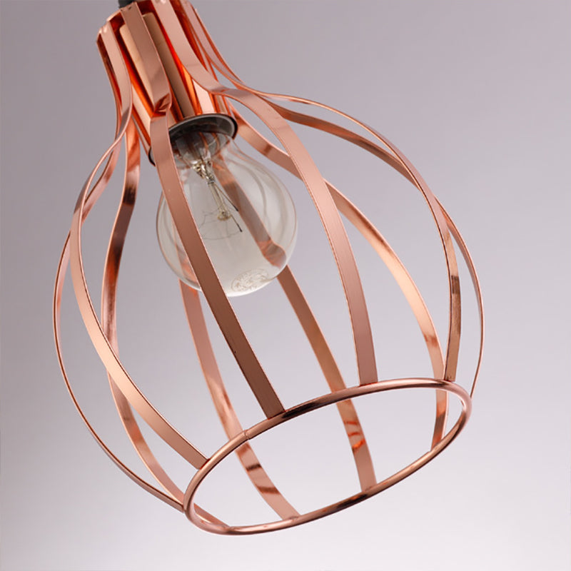 Metallic Rose Gold Pendant Lighting Global Cage Shade 3 Lights Industrial Style Ceiling Light Fixture with Round/Linear Canopy Clearhalo 'Ceiling Lights' 'Modern Pendants' 'Modern' 'Pendant Lights' 'Pendants' Lighting' 34795