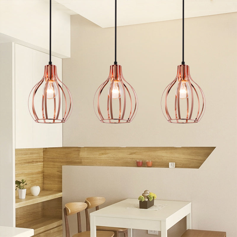 Metallic Rose Gold Pendant Lighting Global Cage Shade 3 Lights Industrial Style Ceiling Light Fixture with Round/Linear Canopy Rose Gold Linear Clearhalo 'Ceiling Lights' 'Modern Pendants' 'Modern' 'Pendant Lights' 'Pendants' Lighting' 34796