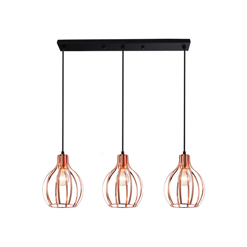 Metallic Rose Gold Pendant Lighting Global Cage Shade 3 Lights Industrial Style Ceiling Light Fixture with Round/Linear Canopy Clearhalo 'Ceiling Lights' 'Modern Pendants' 'Modern' 'Pendant Lights' 'Pendants' Lighting' 34798