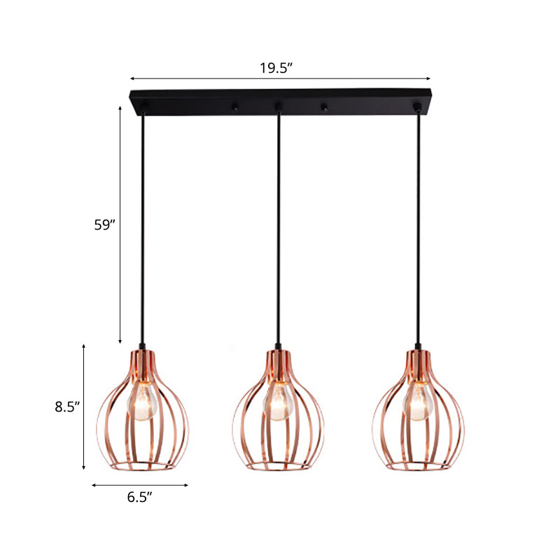 Metallic Rose Gold Pendant Lighting Global Cage Shade 3 Lights Industrial Style Ceiling Light Fixture with Round/Linear Canopy Clearhalo 'Ceiling Lights' 'Modern Pendants' 'Modern' 'Pendant Lights' 'Pendants' Lighting' 34799