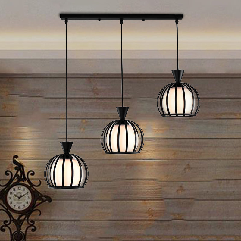 Metal Dome Cage Ceiling Pendant with Milk Glass Shade Retro Style 3 Bulb Indoor Hanging Light in Black/White Black Linear Clearhalo 'Ceiling Lights' 'Modern Pendants' 'Modern' 'Pendant Lights' 'Pendants' Lighting' 34874