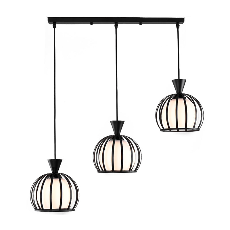 Metal Dome Cage Ceiling Pendant with Milk Glass Shade Retro Style 3 Bulb Indoor Hanging Light in Black/White Clearhalo 'Ceiling Lights' 'Modern Pendants' 'Modern' 'Pendant Lights' 'Pendants' Lighting' 34876