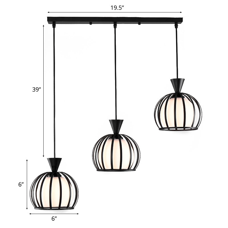 Metal Dome Cage Ceiling Pendant with Milk Glass Shade Retro Style 3 Bulb Indoor Hanging Light in Black/White Clearhalo 'Ceiling Lights' 'Modern Pendants' 'Modern' 'Pendant Lights' 'Pendants' Lighting' 34877